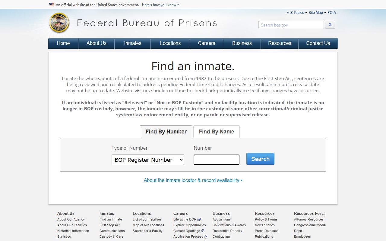 Federal BOP inmate locator search page, used for Franklin County federal custody lookups