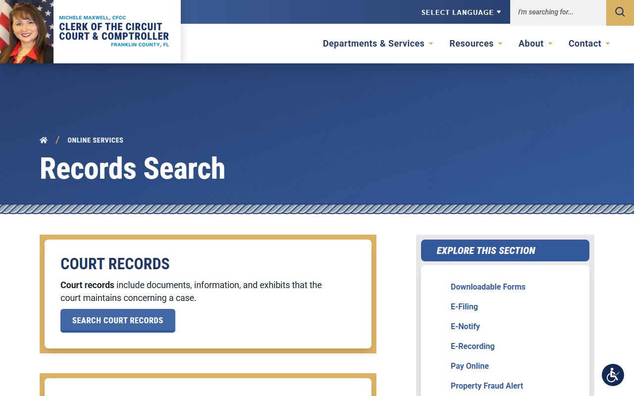 Franklin County Clerk court records search landing page after an arrest