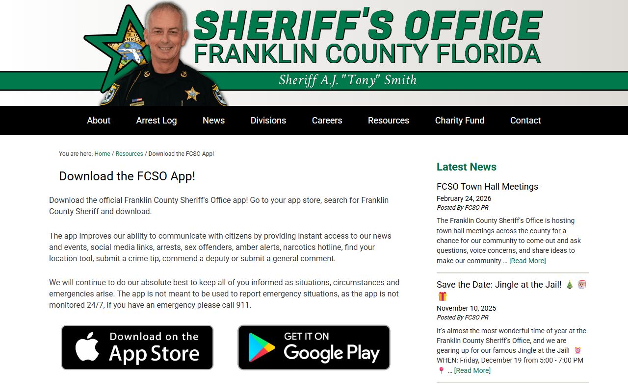 Franklin County FCSO mobile app page for jail arrest records