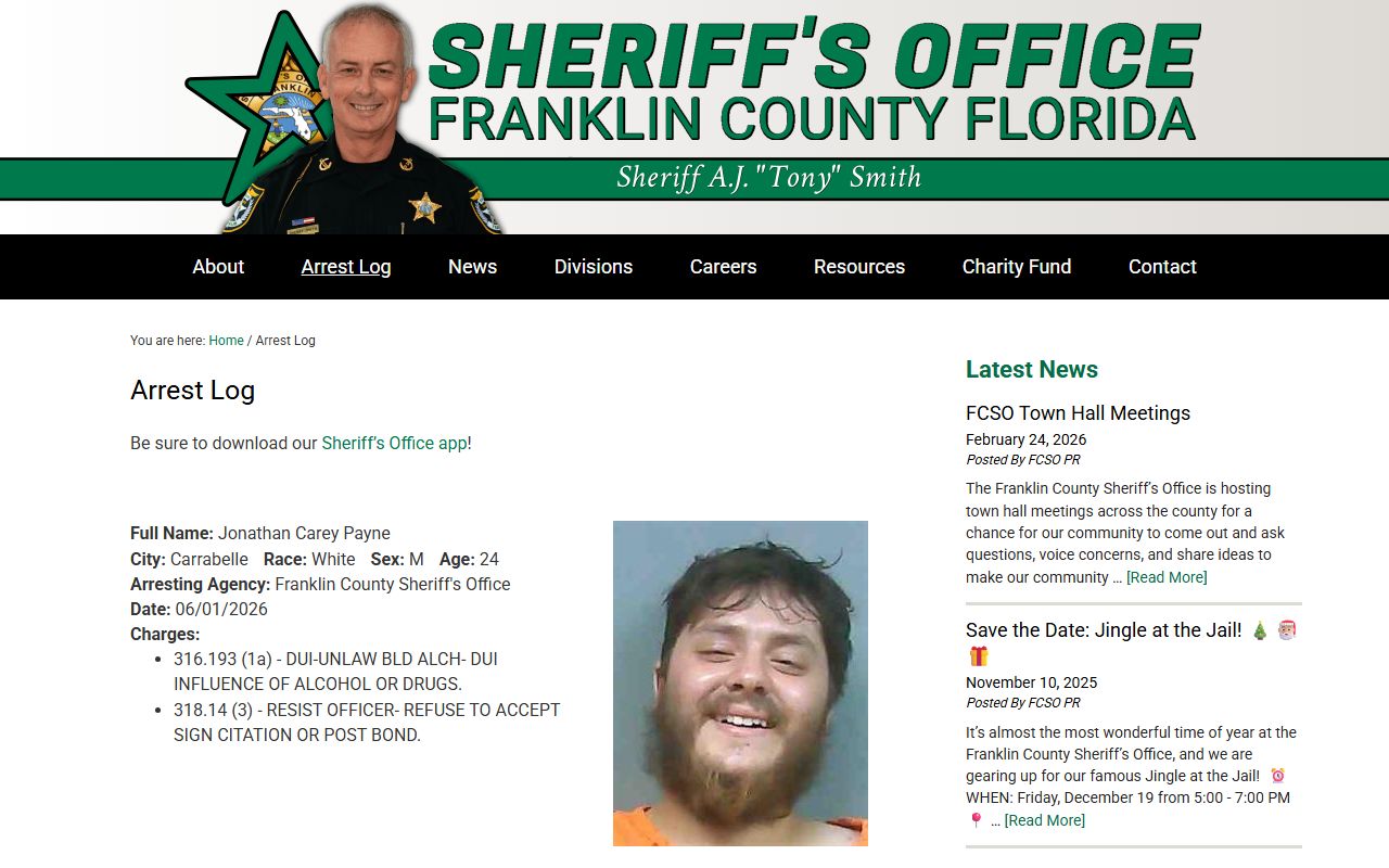 Franklin County Sheriff's Office arrest log showing booking photo and arrest record fields