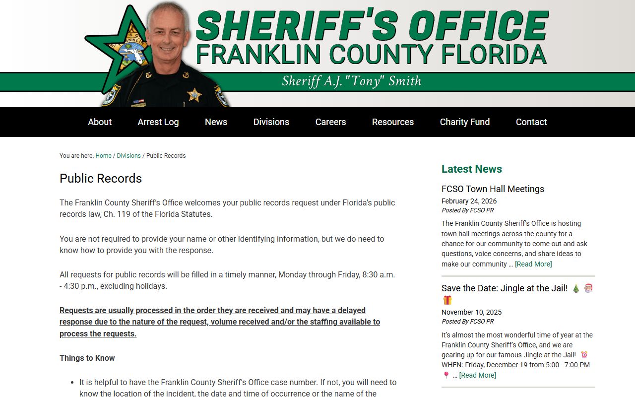 Franklin County FCSO public records request page for inmate records
