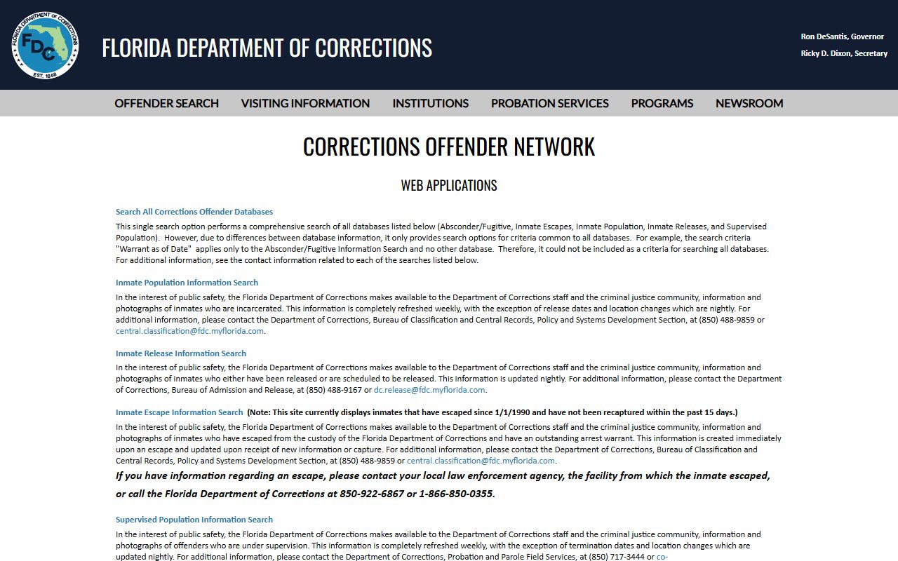Florida DOC offender search menu used for the sentenced inmate population from Franklin County