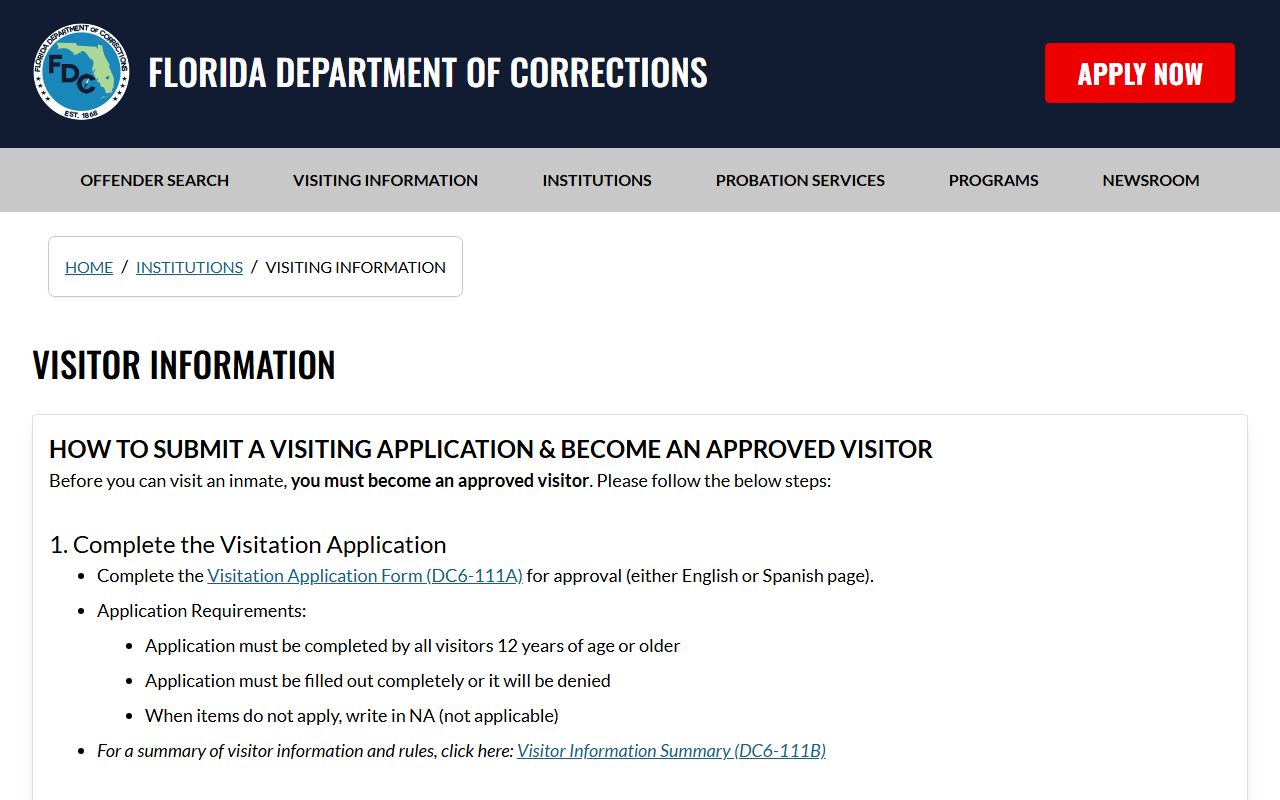 Franklin County state prison visitation rules on the Florida DOC inmate record page
