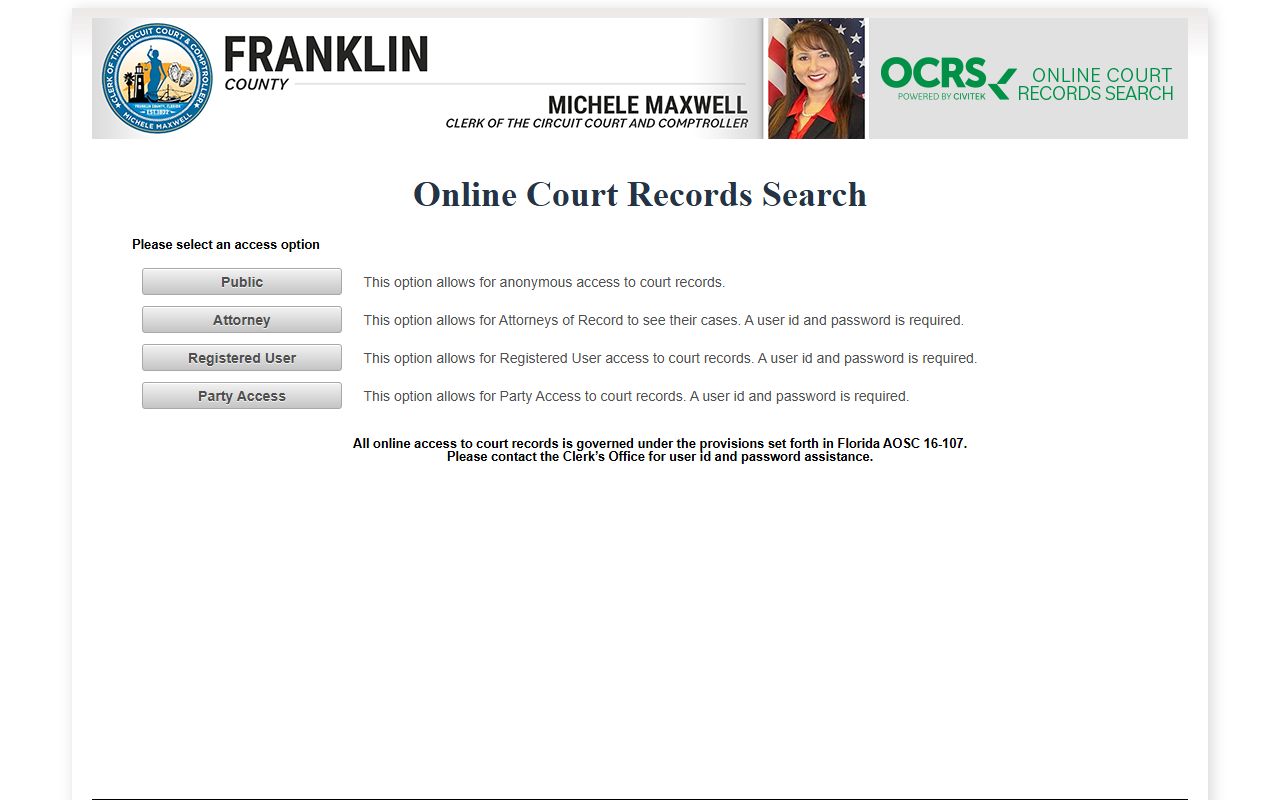 Franklin County OCRS court records access page after an arrest