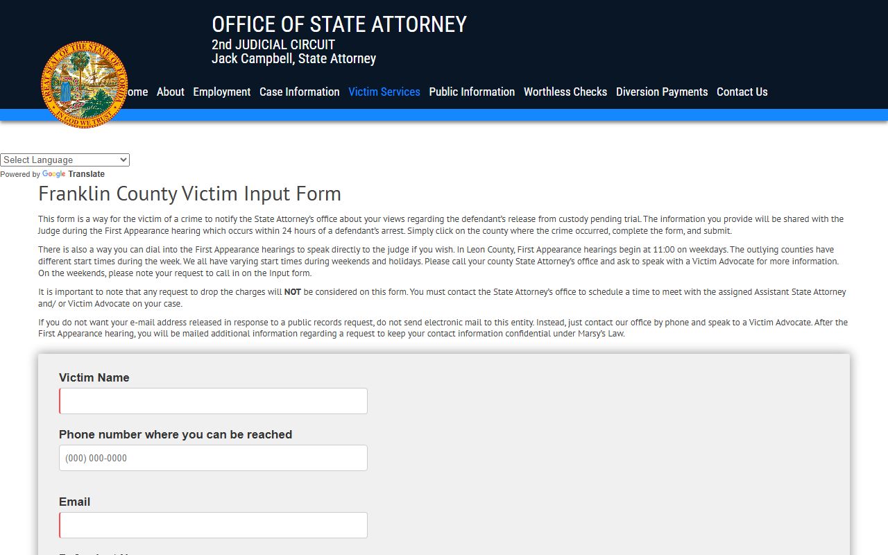 Franklin County first-appearance victim input form for court cases after an arrest
